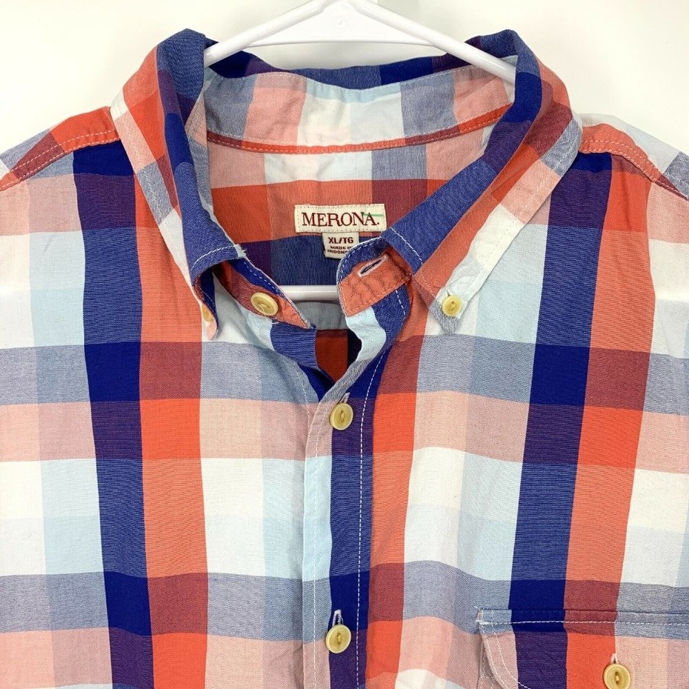 Merona Shirt Mens Blue White Plaid Button Down Short Sleeve - Picture 2 of 7